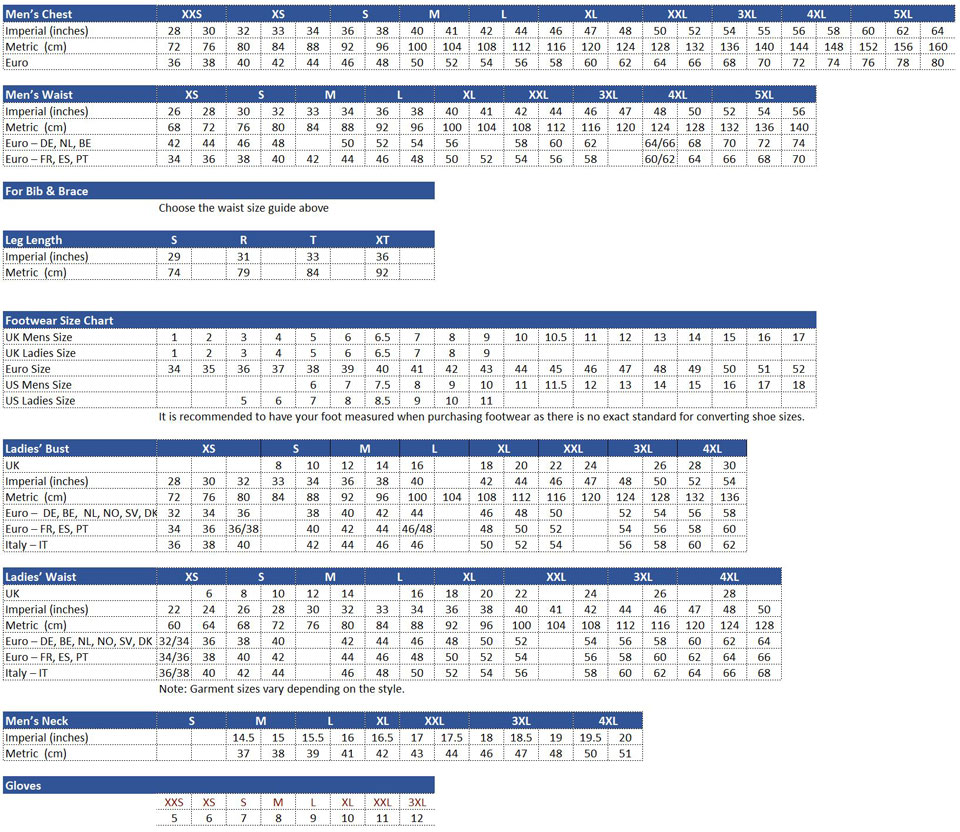 Workwear Size Guides