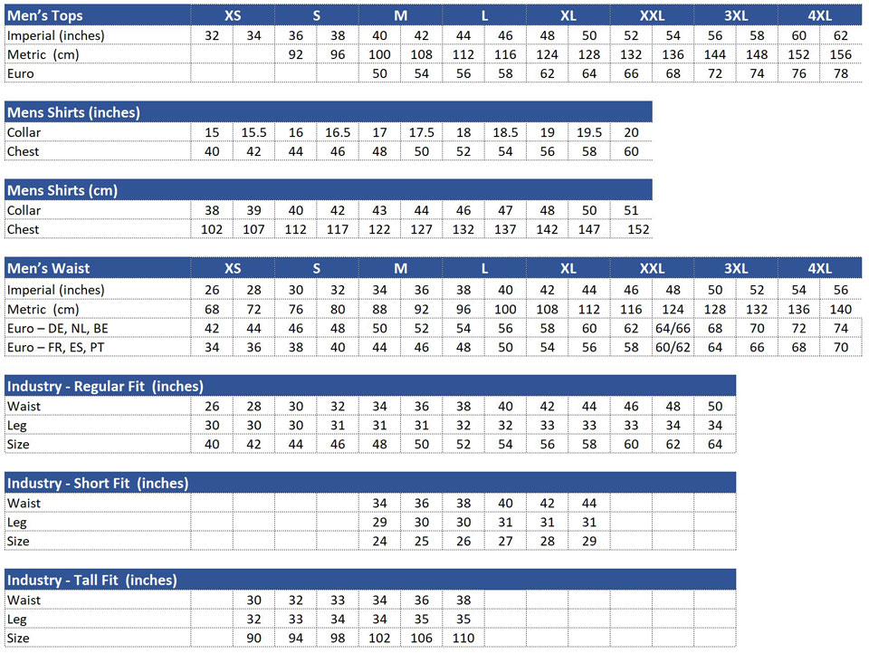 Workwear Size Guides