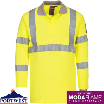 Portwest Flame Retardant Anti Static Hi Vis Long Sleeve Polo Shirt - FR77