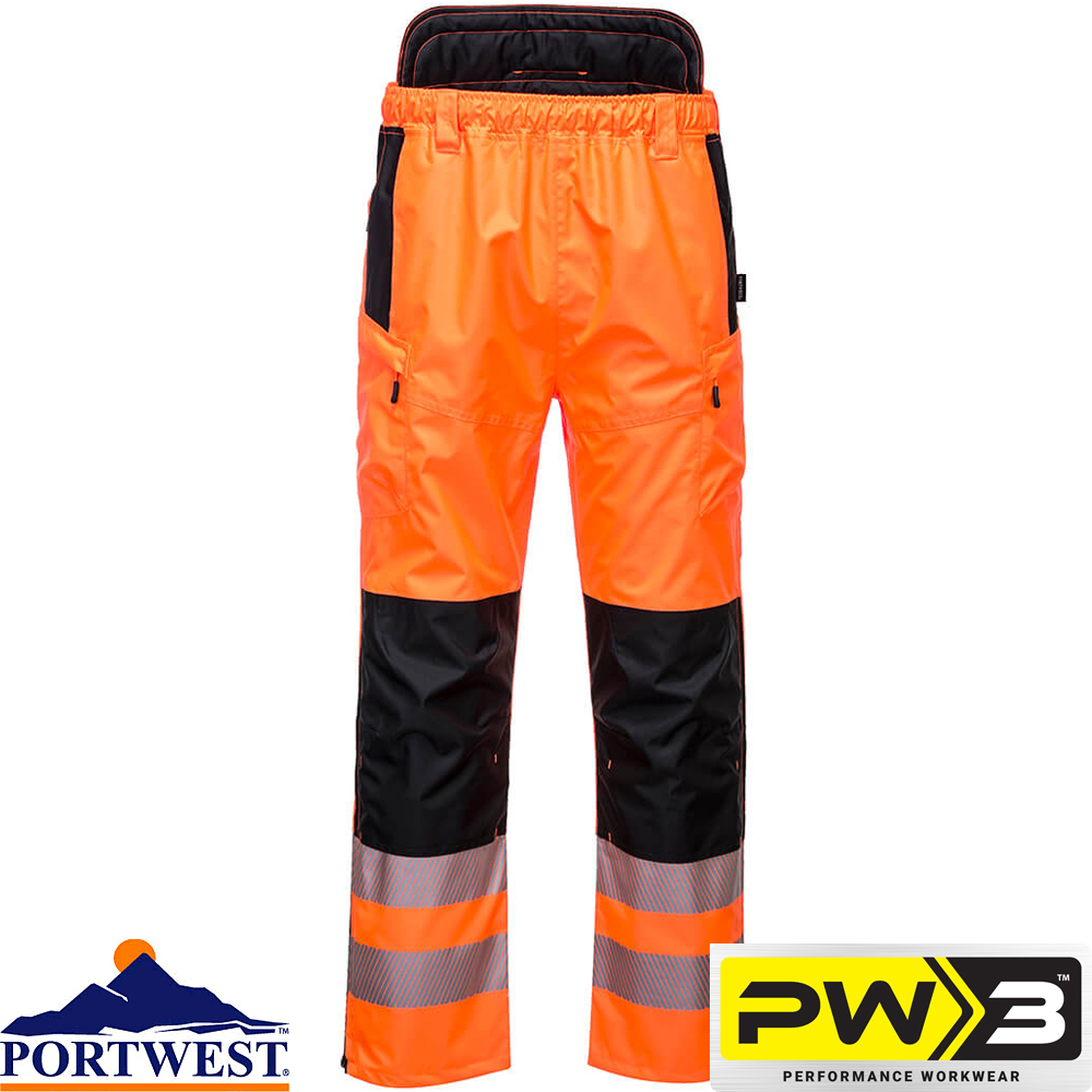 Portwest Waterproof Trousers Reflective Safety Pants Rainwear Elasticated Waist 